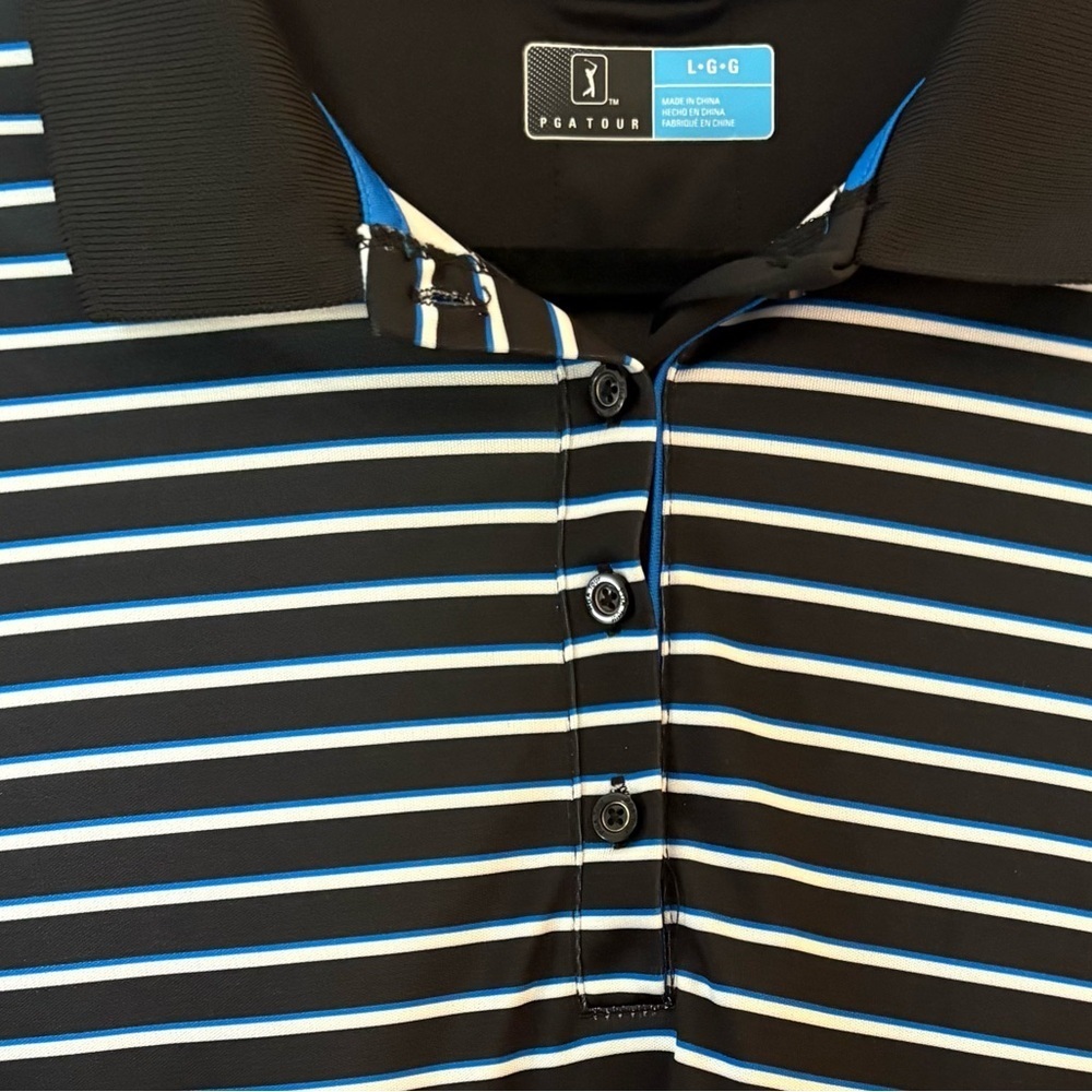 PGA Tour Women’s Black with Blue and White Stripes Long Sleeve Polo Shirt - Picture 9 of 9